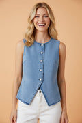 Solid denim vest with front buttons and a front slit, available in blue and black.