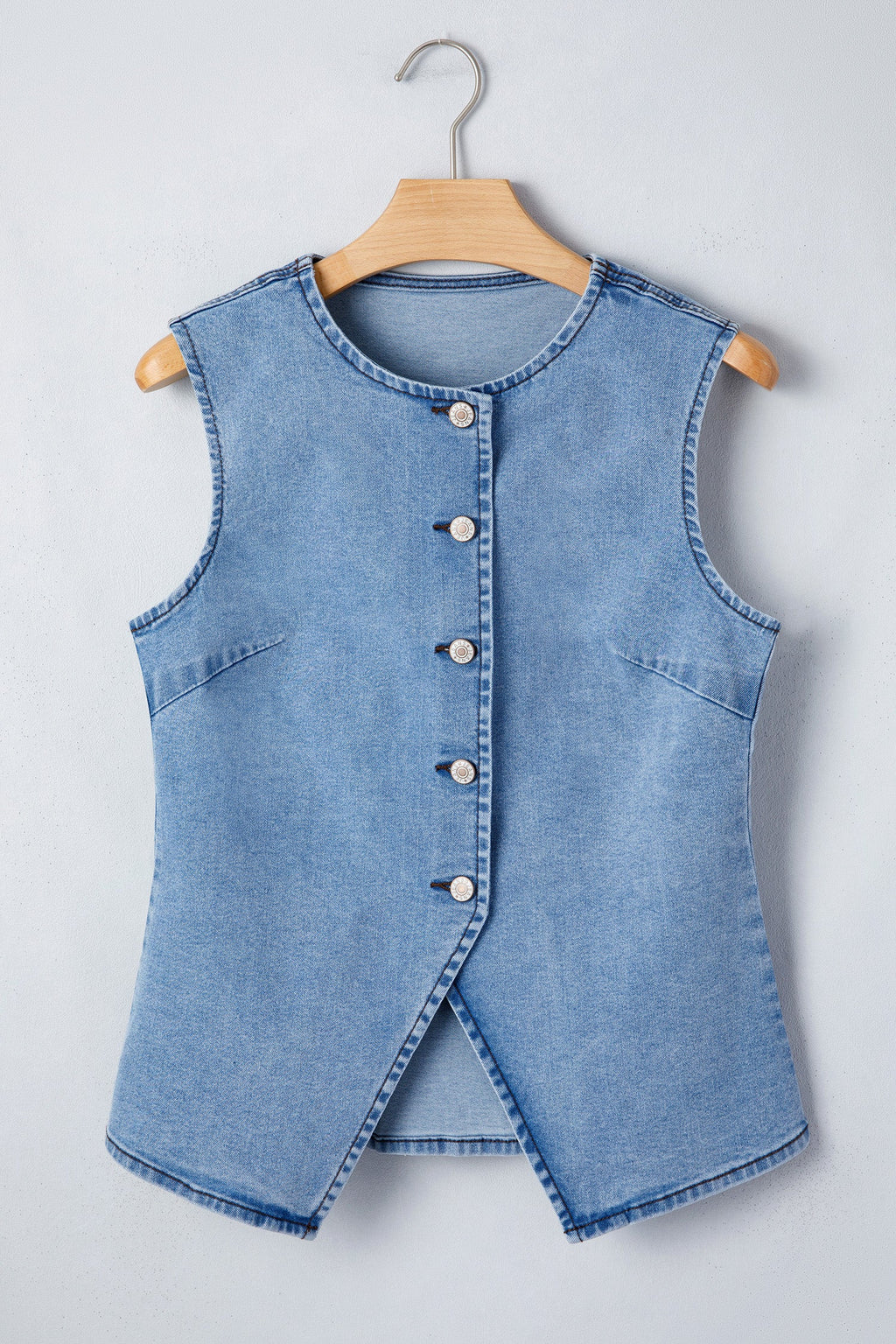 Solid Denim Buttoned Front Slit Vest - Blue and Black