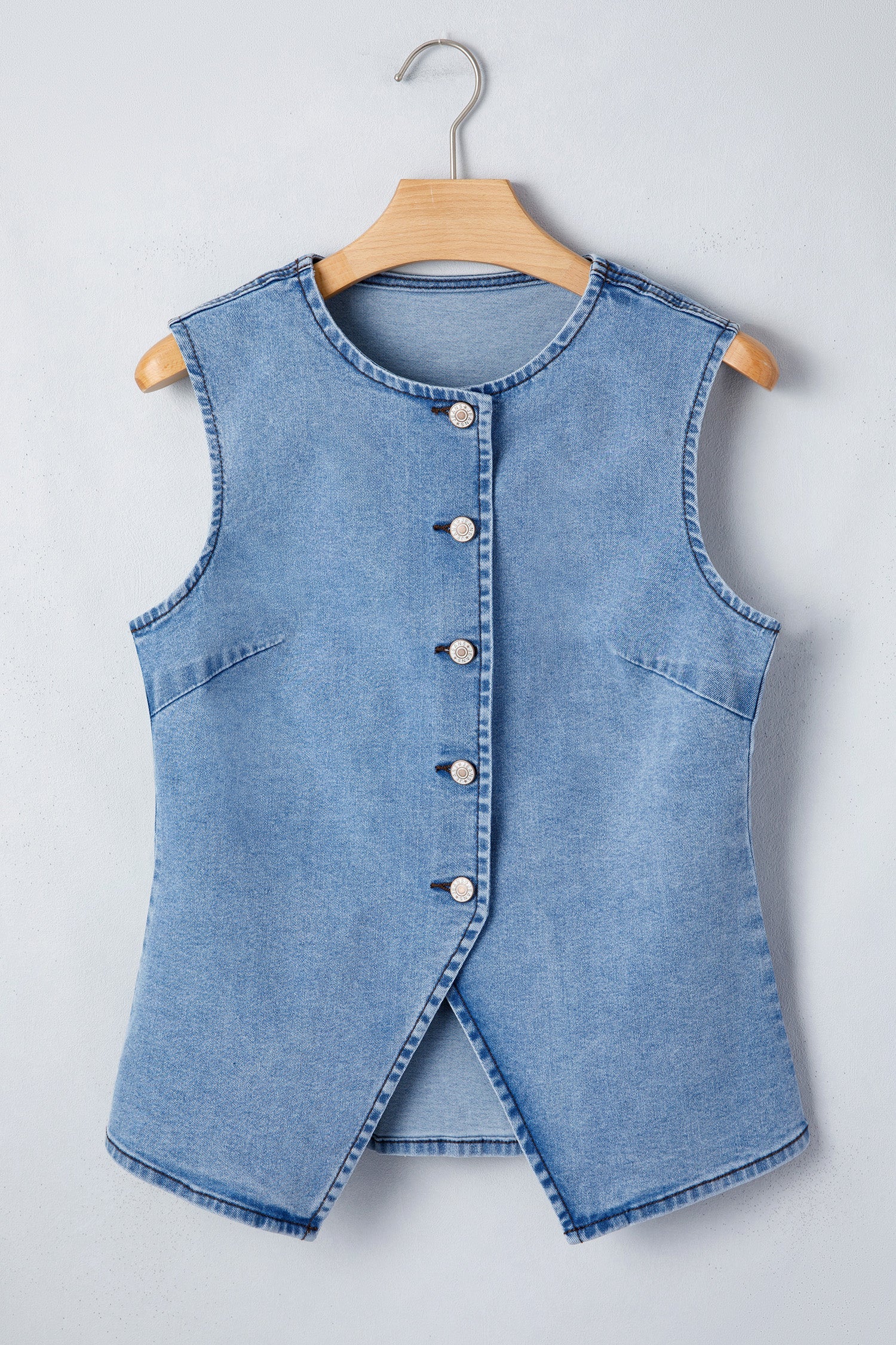 Solid Denim Buttoned Front Slit Vest - Blue and Black