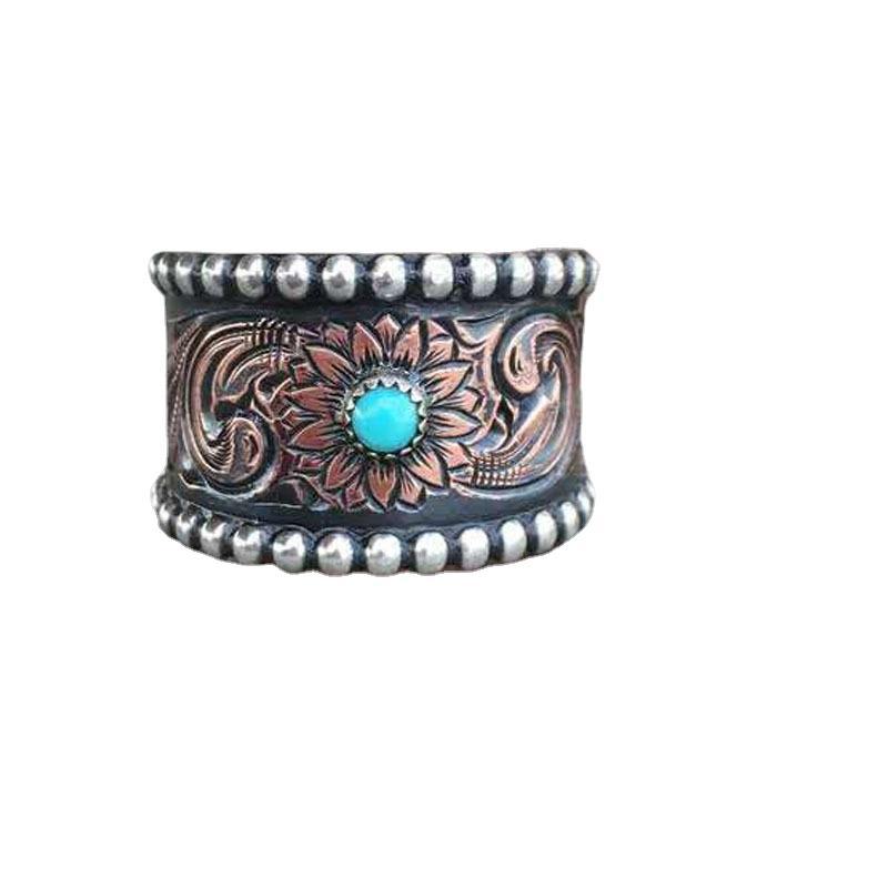 Two-tone Vintage Embossed Turquoise Copper Ring