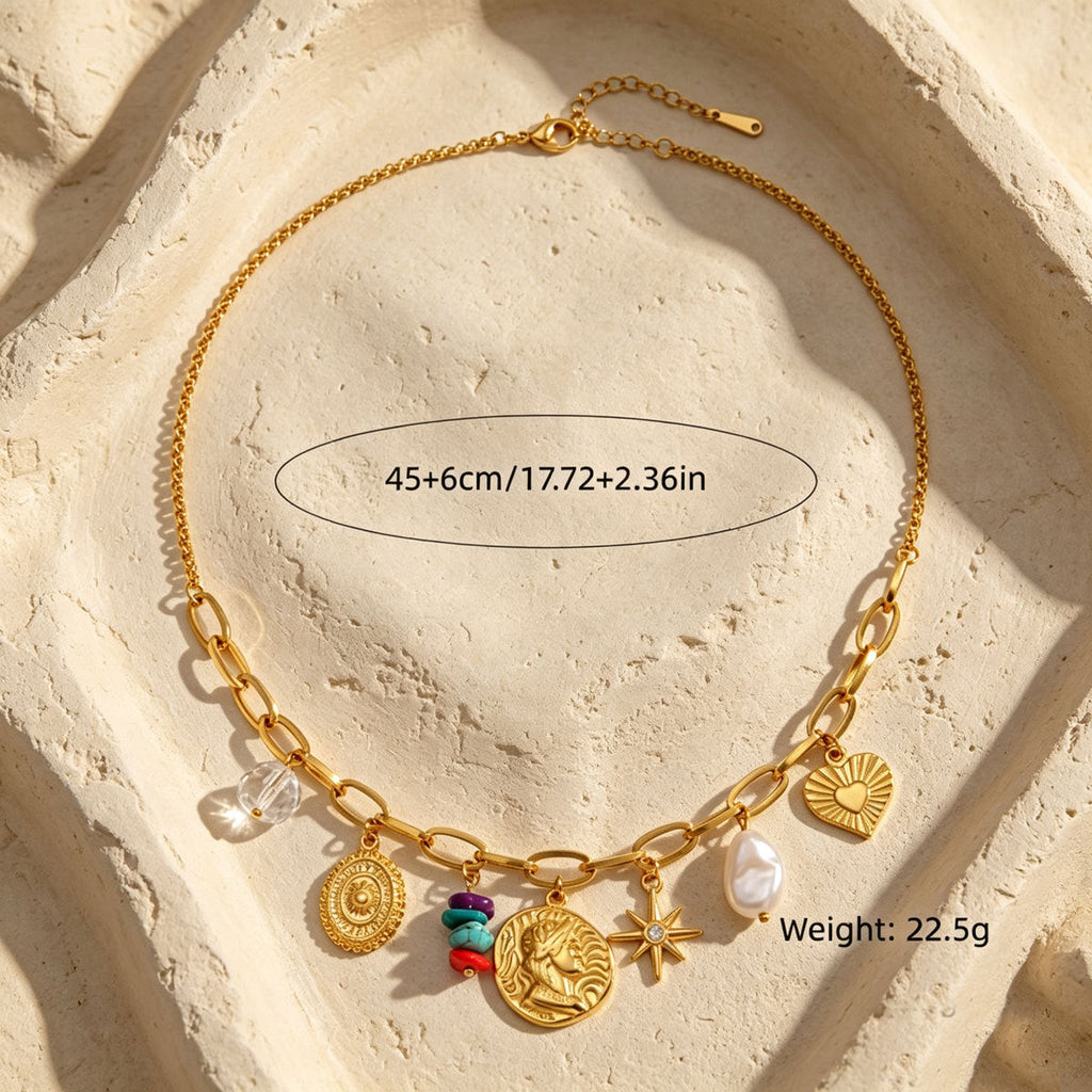 Women Boho Paperclip Multi Charm Necklace, Vintage Portrait Coin Heart Starfish Synthetic Turquoise Faux Pearl Pendant Gold Plated Retro Beach Vacation Daily Jewelry Gift