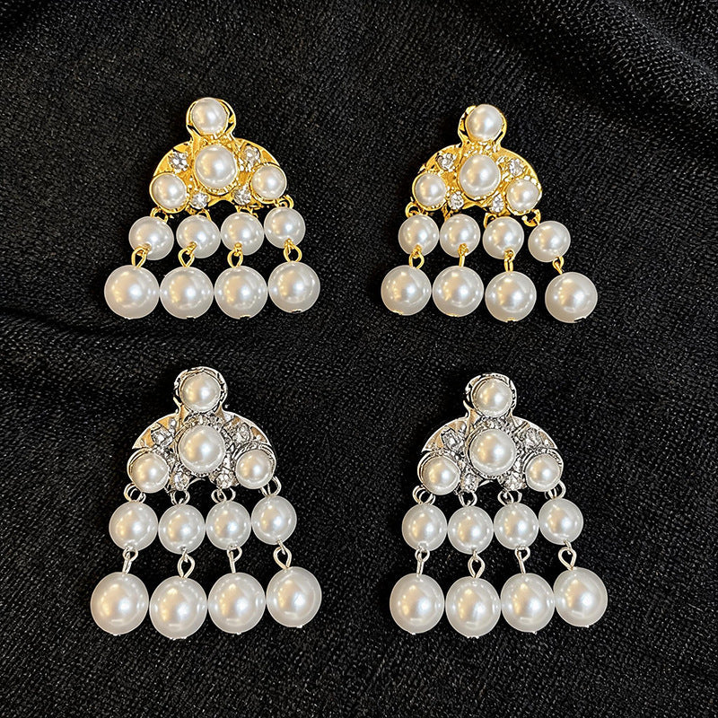 Women French Retro Rhinestone Pearl Tassel Dangle Stud Earrings,Vintage Style Heavy Craft Elegant Versatile Fashion Jewelry For Daily Banquet Occasion
