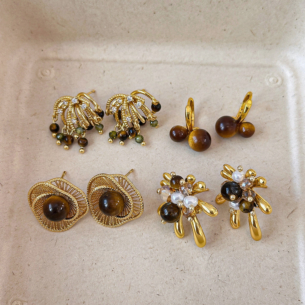 Tigers Eye Stone Firework Stud Earrings For Women Light Luxury
