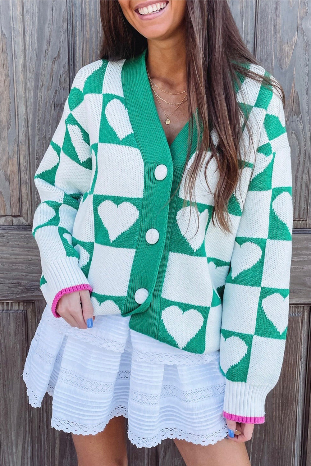 Sea Green Plaid Heart Knit V-Neck Button Down Cardigan