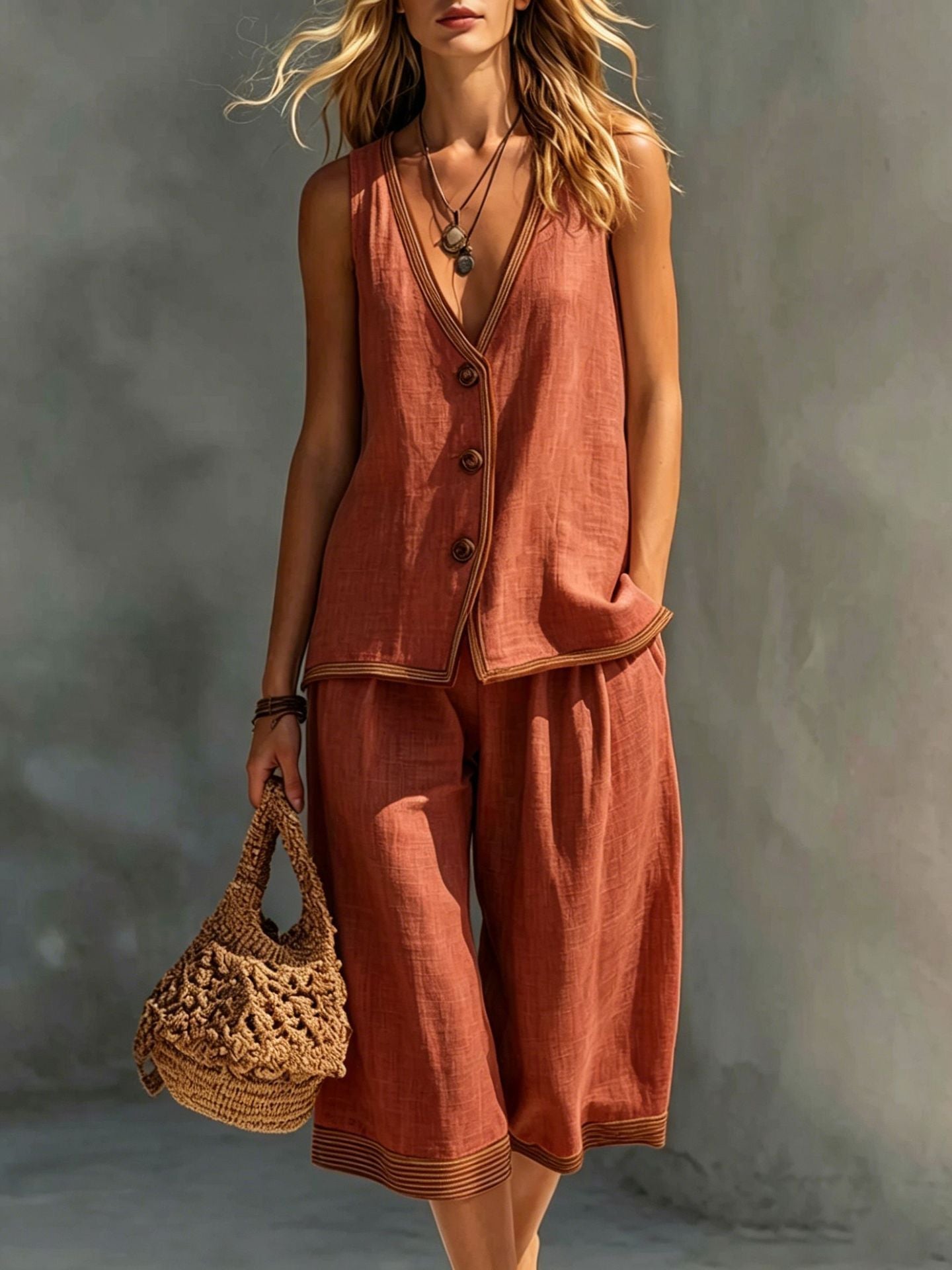 Women's Sleeveless Buttoned Vest and Shorts Two-Piece Linen Set