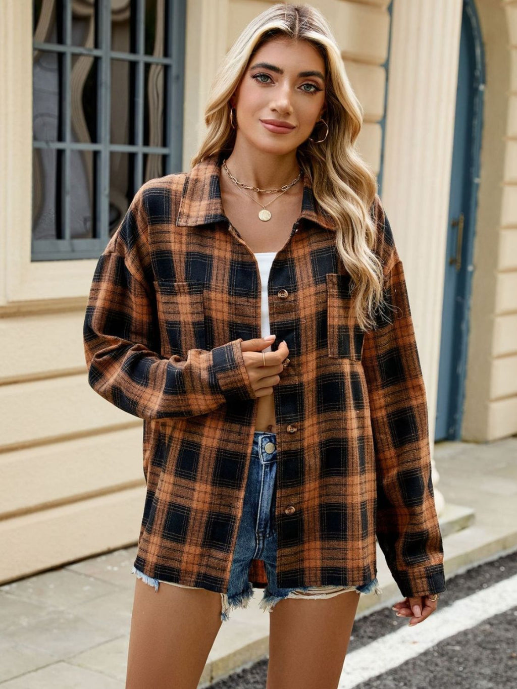 Brown and Black Plaid Long Sleeve Button-Down Collared Shirt - Image 3