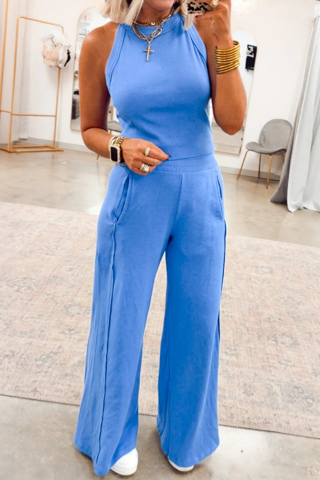 Sachet Pink Slim Ribbed Tank Top & Sweatpants Set