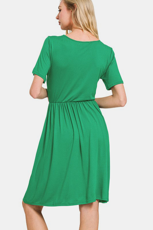 Green Surplice Short Sleeve Brushed DTY Dress