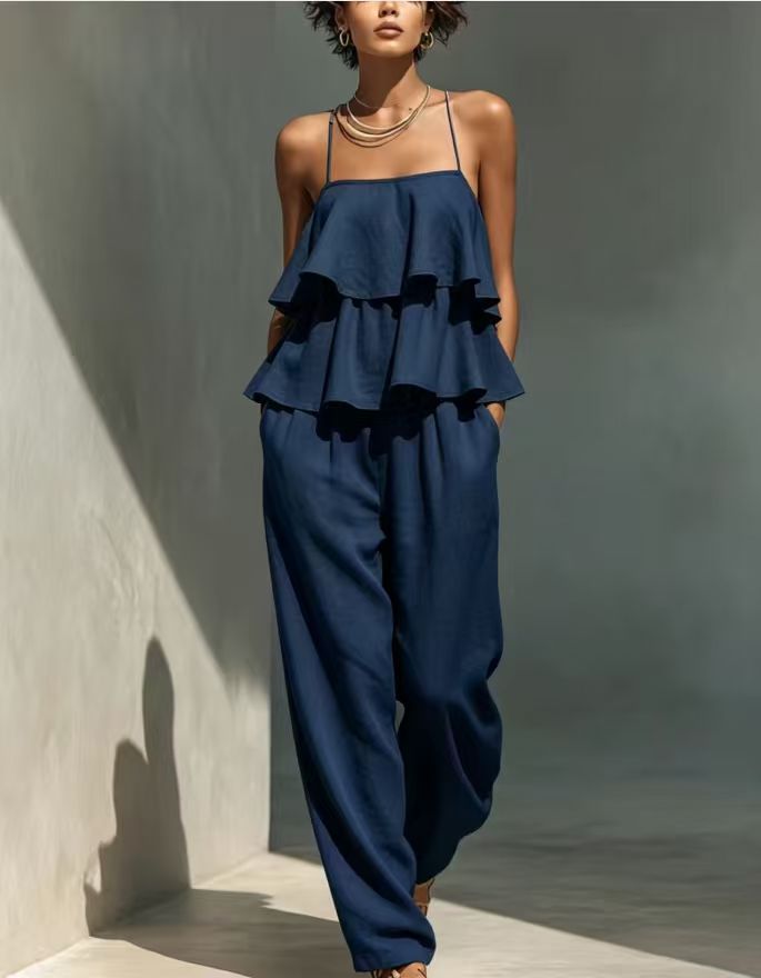 Women's Ruffled Camisole and Casual Wide Leg Pants Set