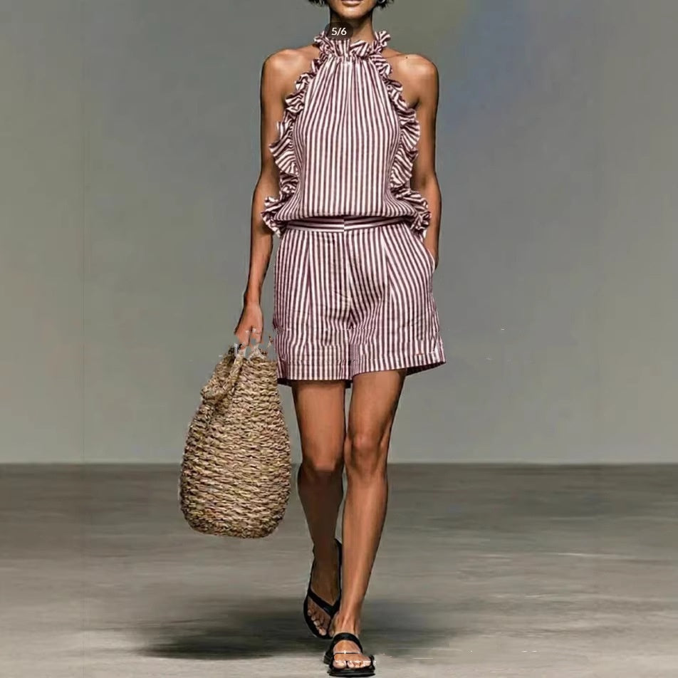 Women's Striped Ruffled High Neck Sleeveless Top and Shorts Set - Image 6