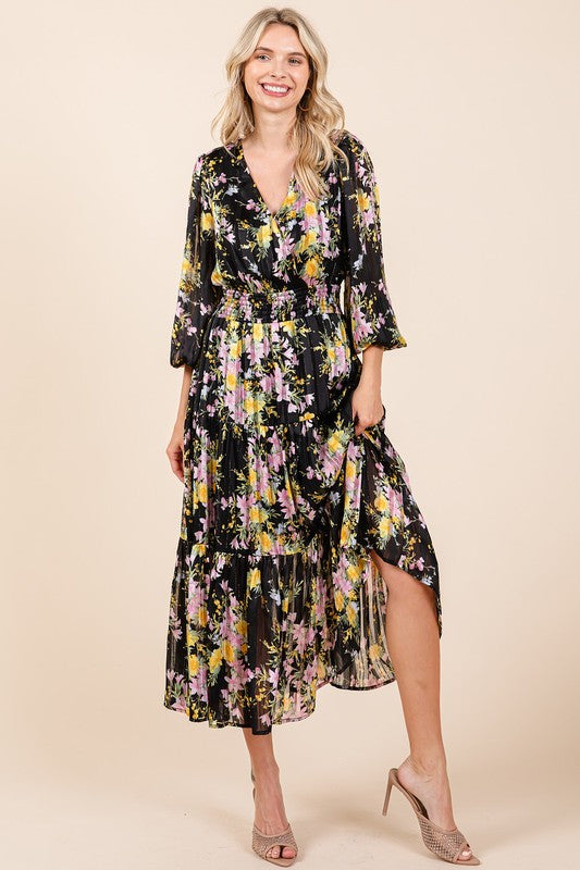 Floral Print Satin Lurex Stripe Smocked Midi Dress