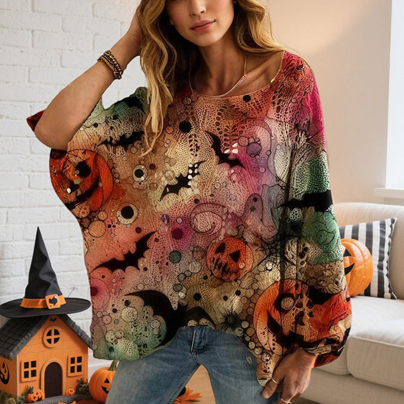 Women’s Halloween Pumpkin Print Batwing Sweater Loose Knit Top