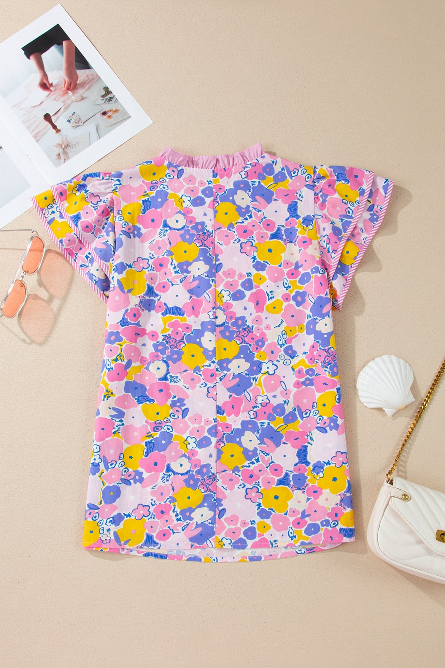 Floral Print V-Neck Flutter Sleeve Blouse in Pink Multi - Image 3