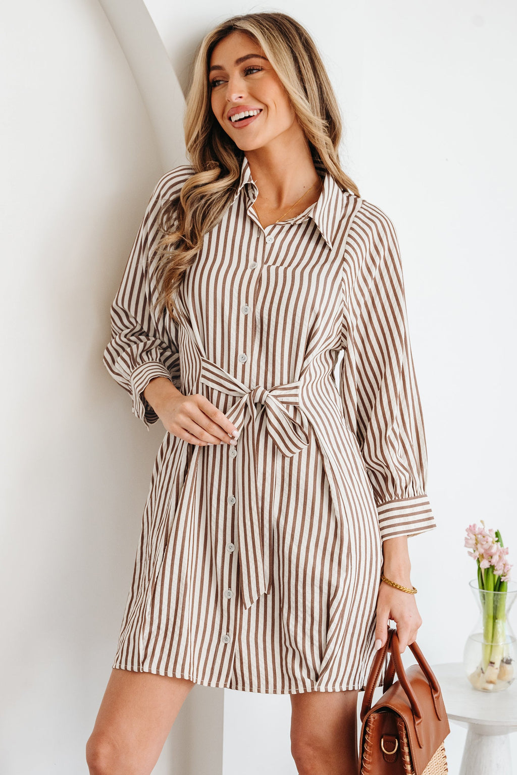 Stripe Knot Waist Sleeve Button Down Dress