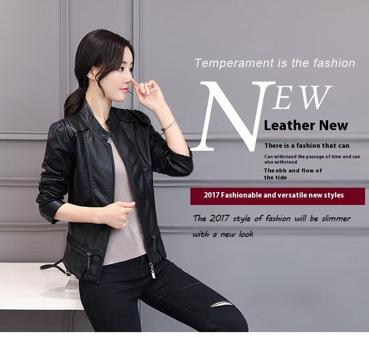 Women's Korean-Style Slim Fit Motorcycle Leather Jacket