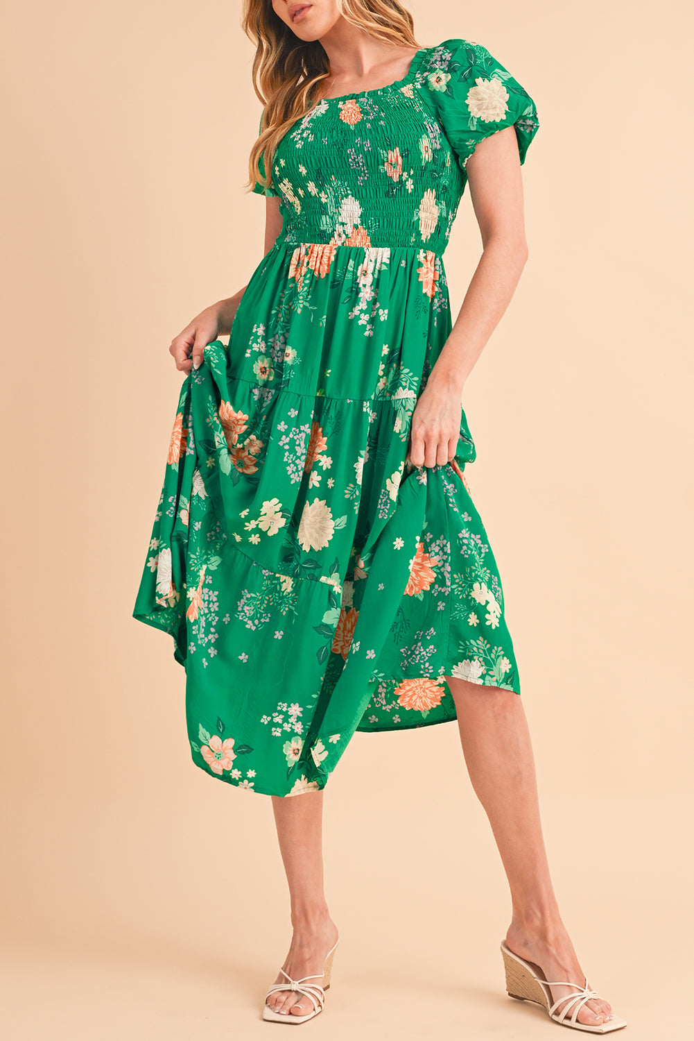 Green Floral Bubble Sleeve Smocked Midi Dress | Viscose