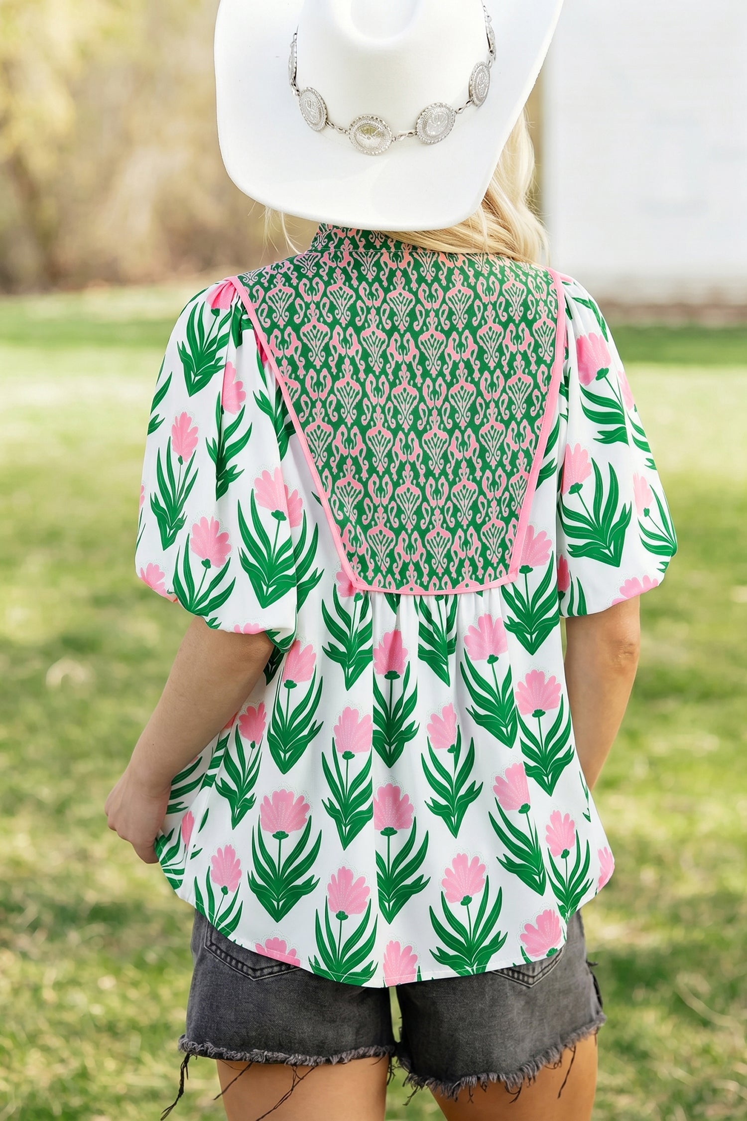 Floral V-Neck Blouse with Contrast Border and Relaxed Shift Fit