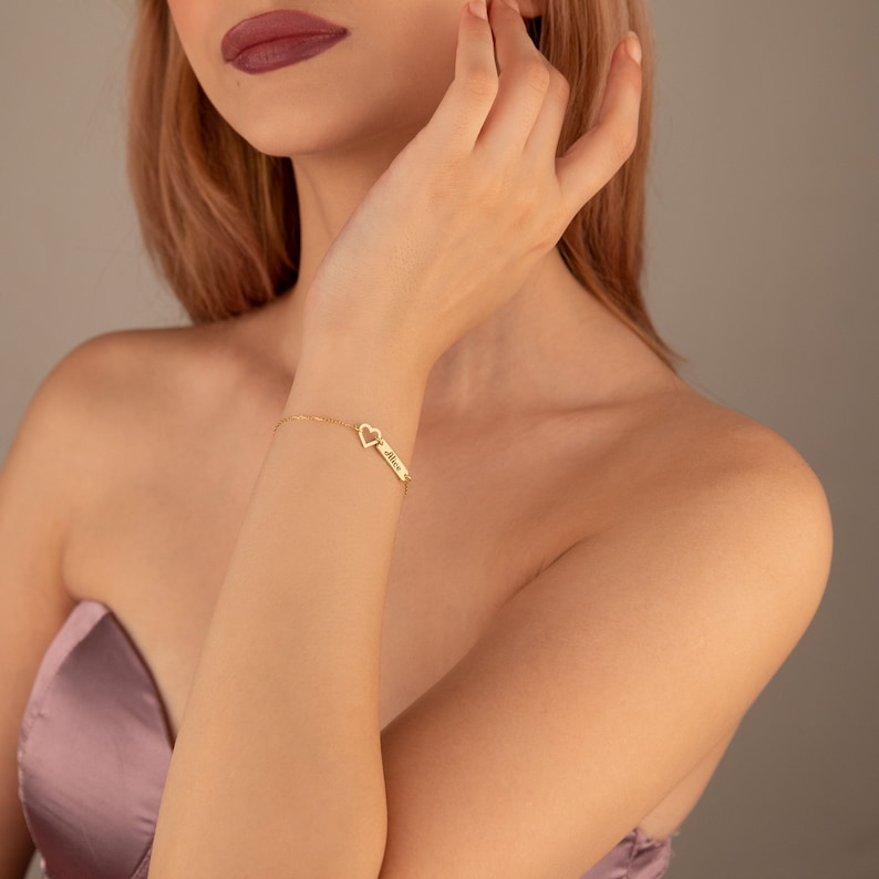 Custom Name Bar Bracelet with Hollow Heart Detail Minimalist Jewelry