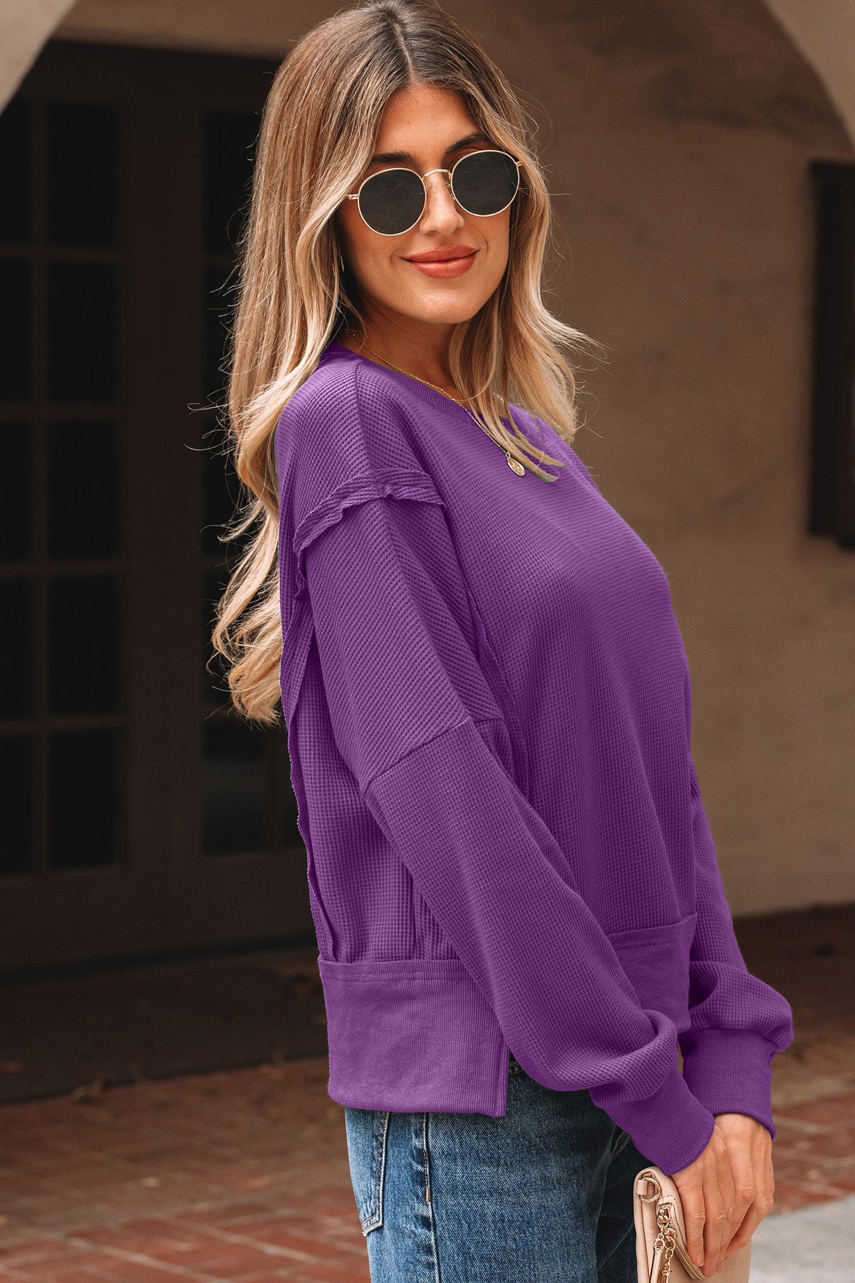 Solid Ribbed Raw Seam Patchwork Drop Shoulder Sweatshirt