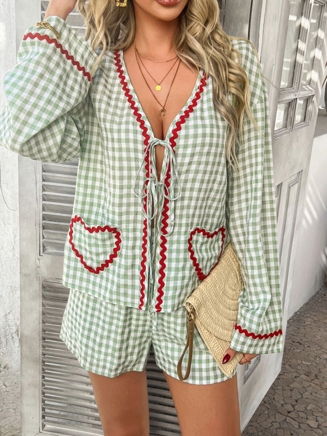 Devine Tie Front Contrast Plaid Shirt and Shorts Set
