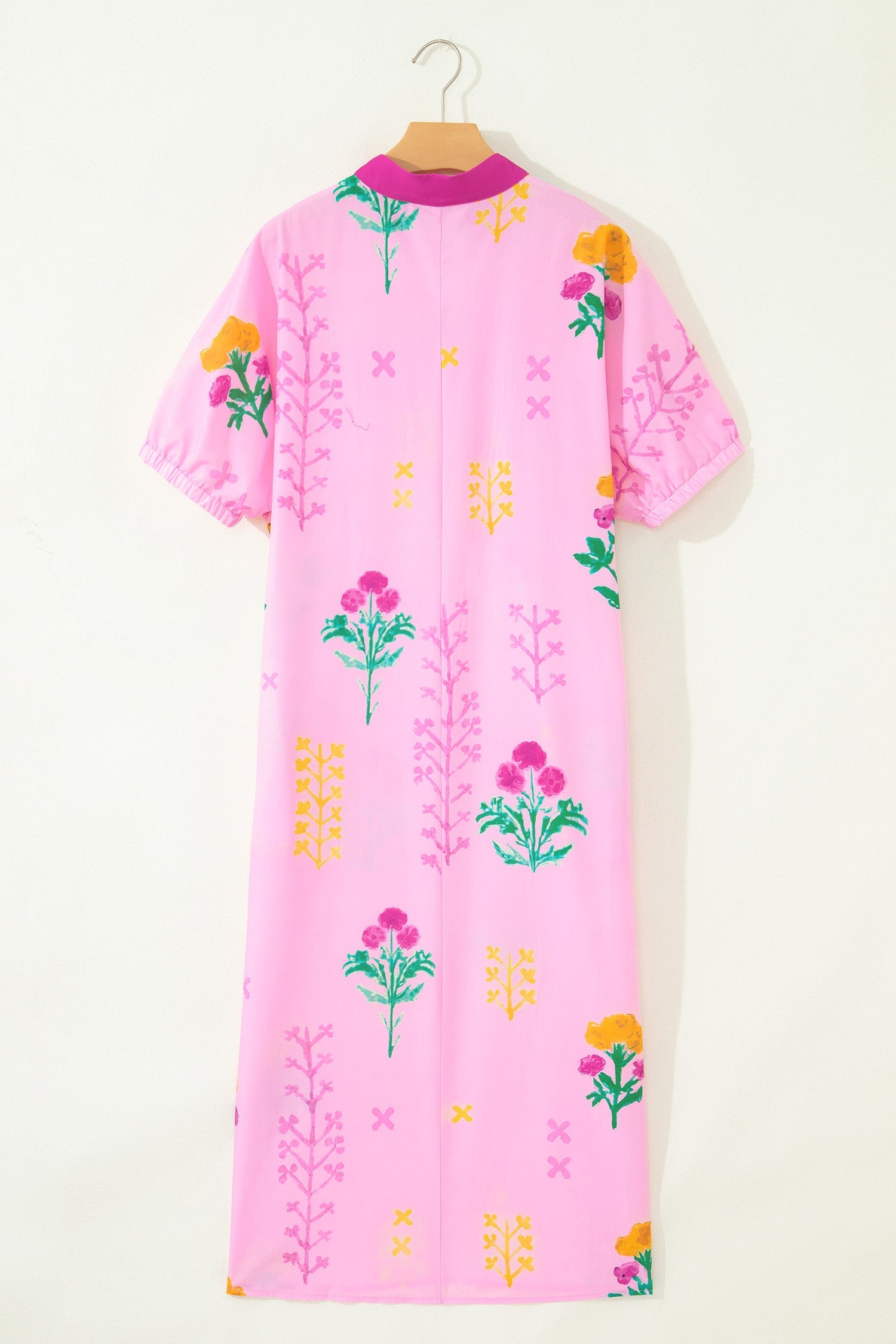Floral Colorblock Trim V-Neck Midi Dress