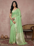 Close up of a Light Green Cotton Saree with matching blouse fabric