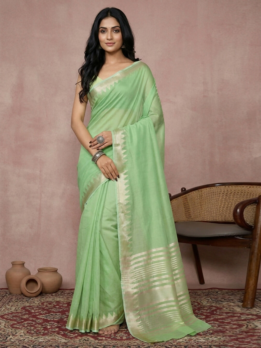 Close up of a Light Green Cotton Saree with matching blouse fabric