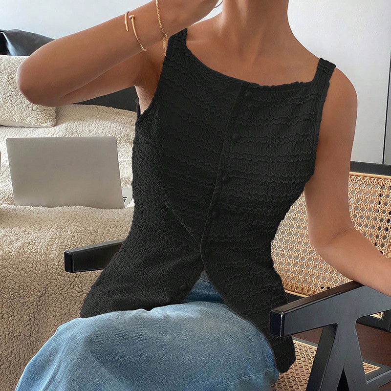 White Square Neck Button Up Vest Trendy Y2K Sleeveless Top - Image 8