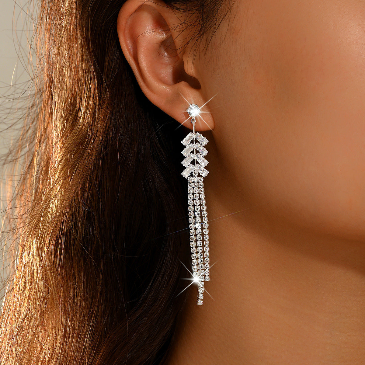 Shiny Rhinestone Tassel Wheat Shape Long Drop Earrings, Geometric Dangle Earrings Elegant Bridal Jewelry For Wedding Banquet Party
