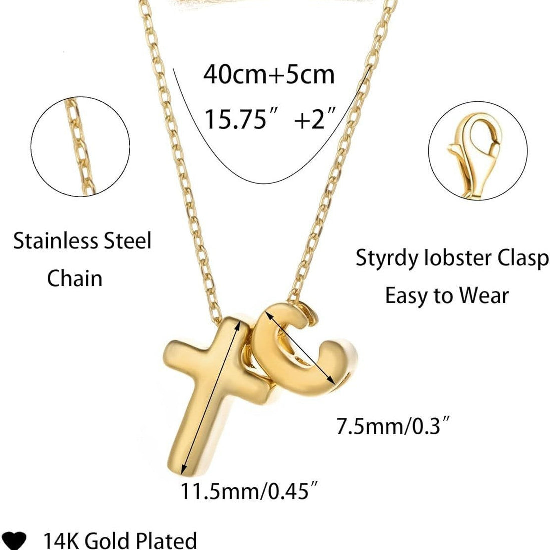 Custom Initial Bubble Letter Cross Pendant Gold Tone Necklace