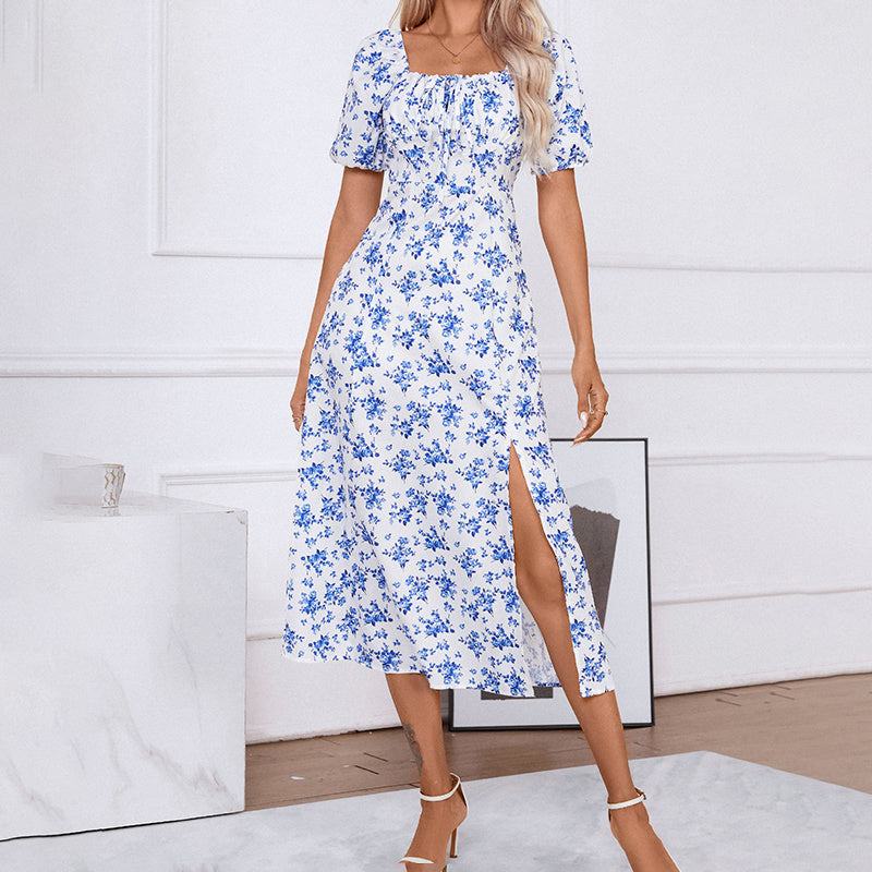 Women Square Neck Floral Print Puff Sleeve Side Slit Maxi Dress - Image 9