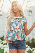 Indigo Floral Bow Applique Slit Sleeveless Peplum Blouse