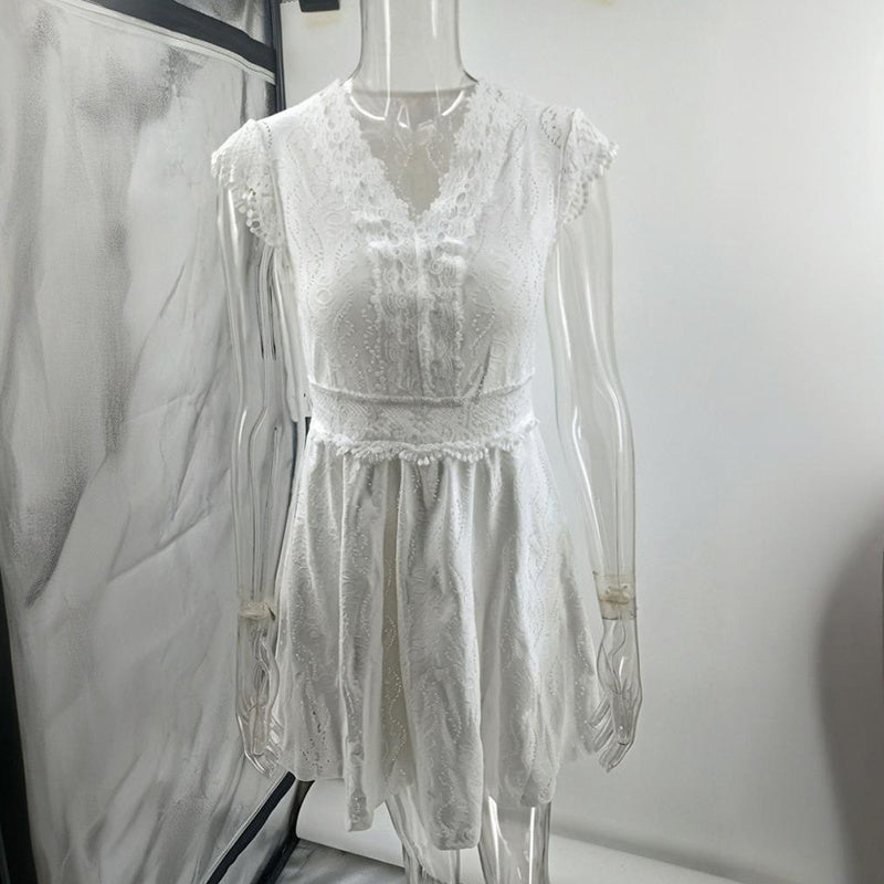 Women’s V‑Neck Short‑Sleeve Lace Trim Mini Dress - Image 2