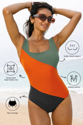 Duffel Green Color Block Padded Square Neck One-Piece Swimsuit