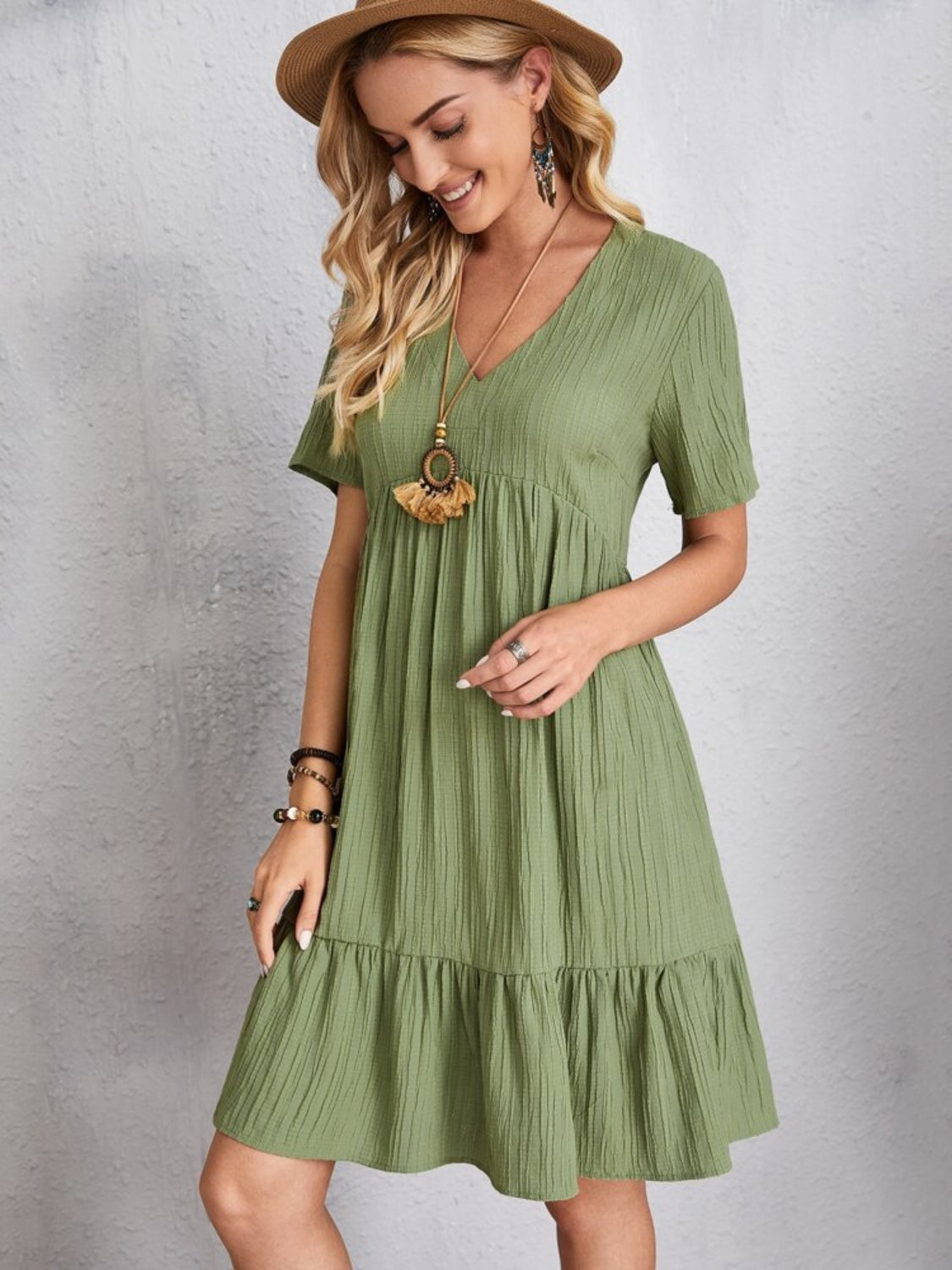 Classic V-Neck Short Sleeve Casual Midi Dress