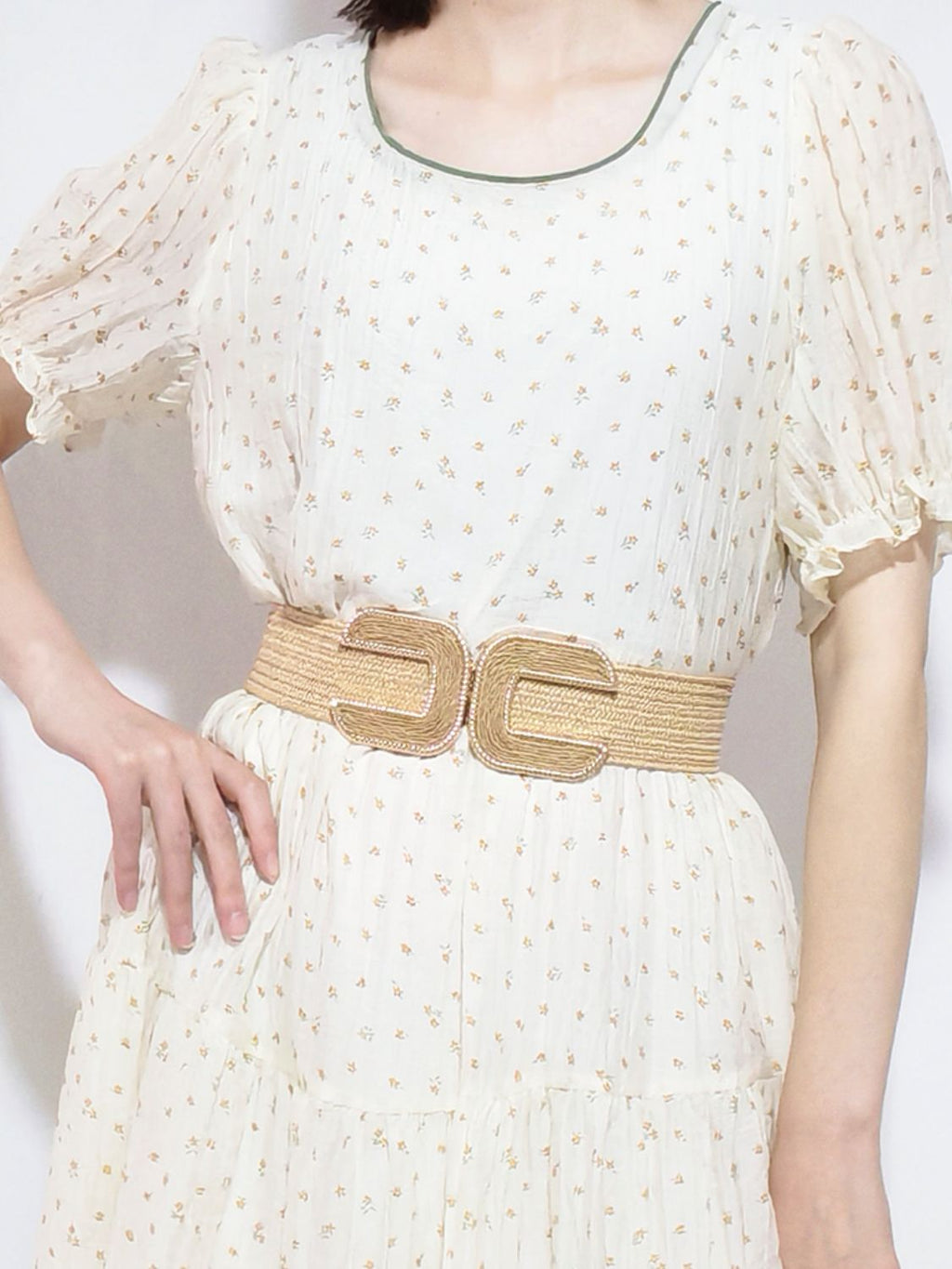 Wide Braid Stretch Belt with Statement Buckle in Sage Green