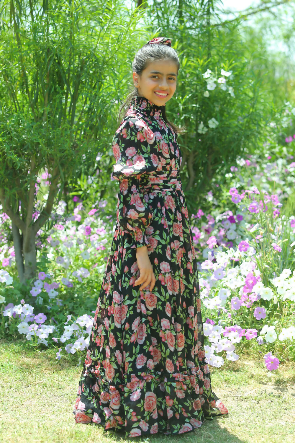 Girls Black Chiffon Maxi Dress - Elegant Flared Shirred Runway Rose