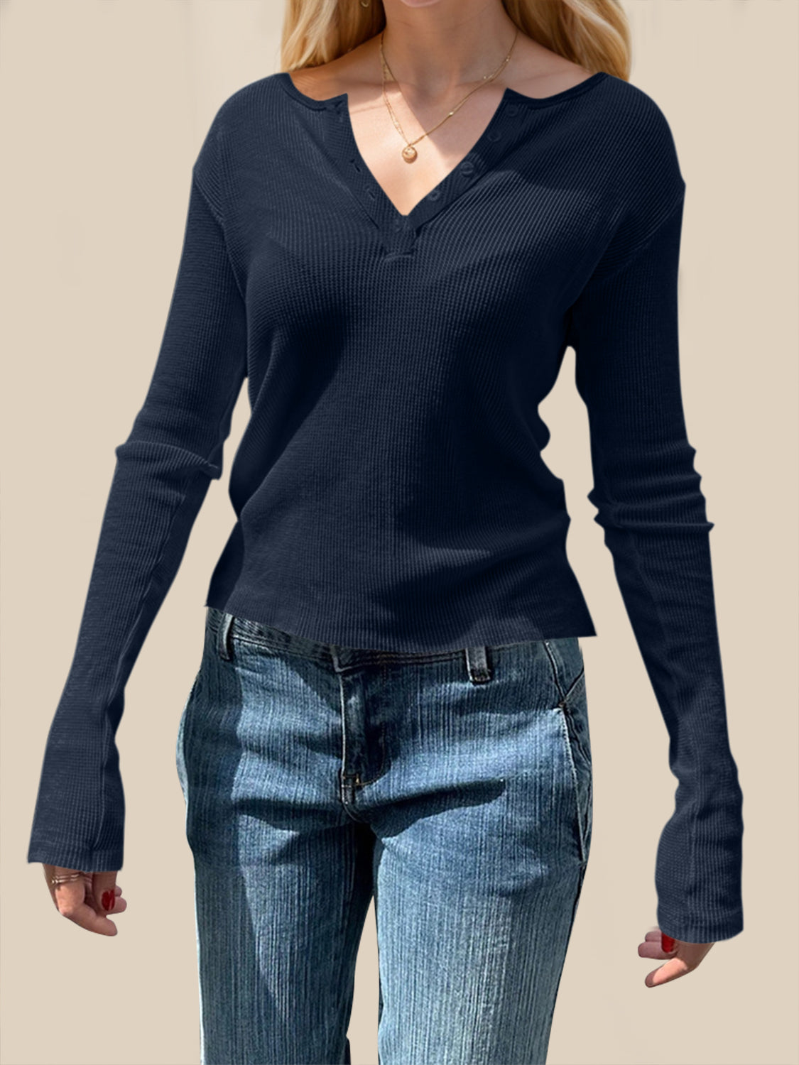 White Waffle Knit Long Sleeve Button Up Henley T-Shirt - Image 5