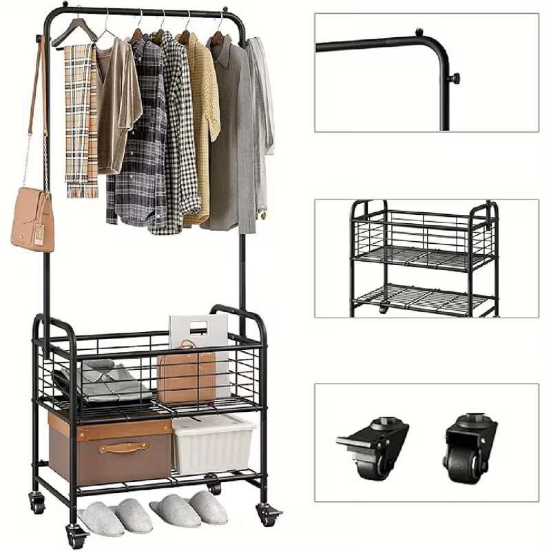Rolling Laundry Sorter Cart with Hanging Rack and Shelf