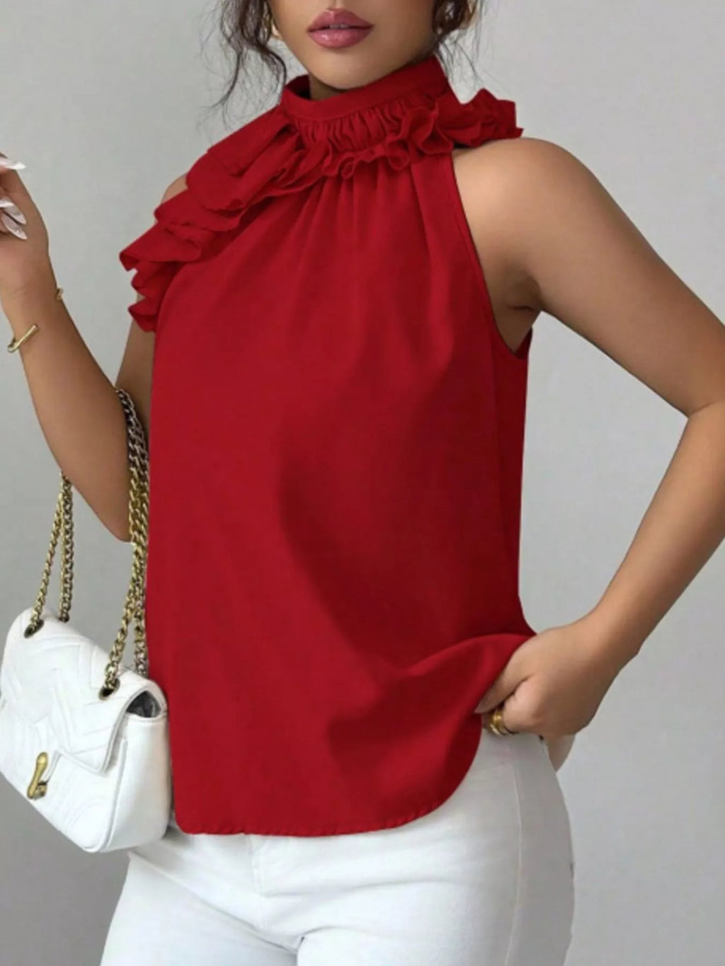Ruffle High Neck Sleeveless Tank