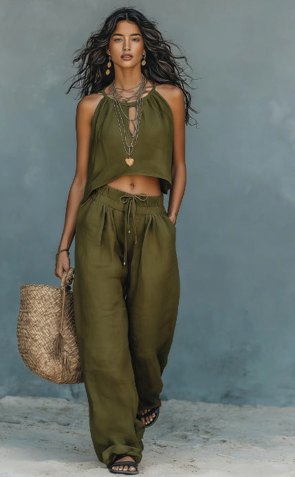 Women's Sleeveless Crop Tank and Wide-Leg Pants Linen Blend Set