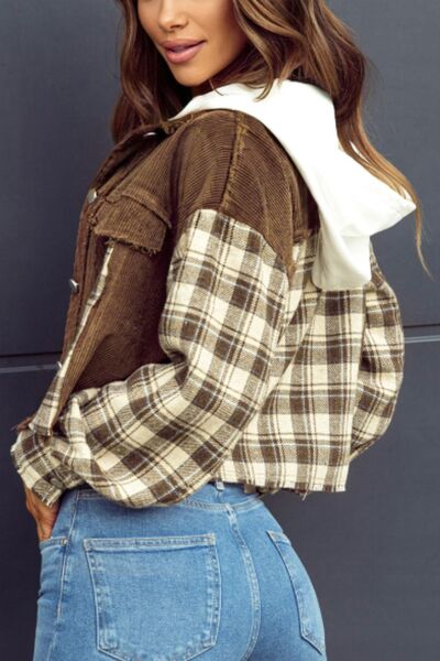 Raw Hem Plaid Cropped Hooded Jacket Buttoned Casual Outerwear