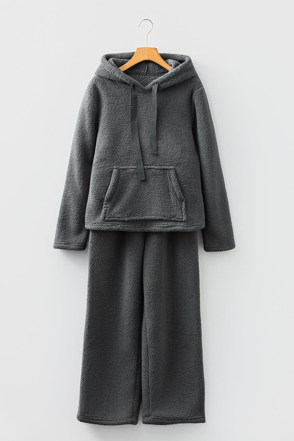 Women's Fuzzy Drawstring Hoodie and Pants Lounge Set in Charcoal