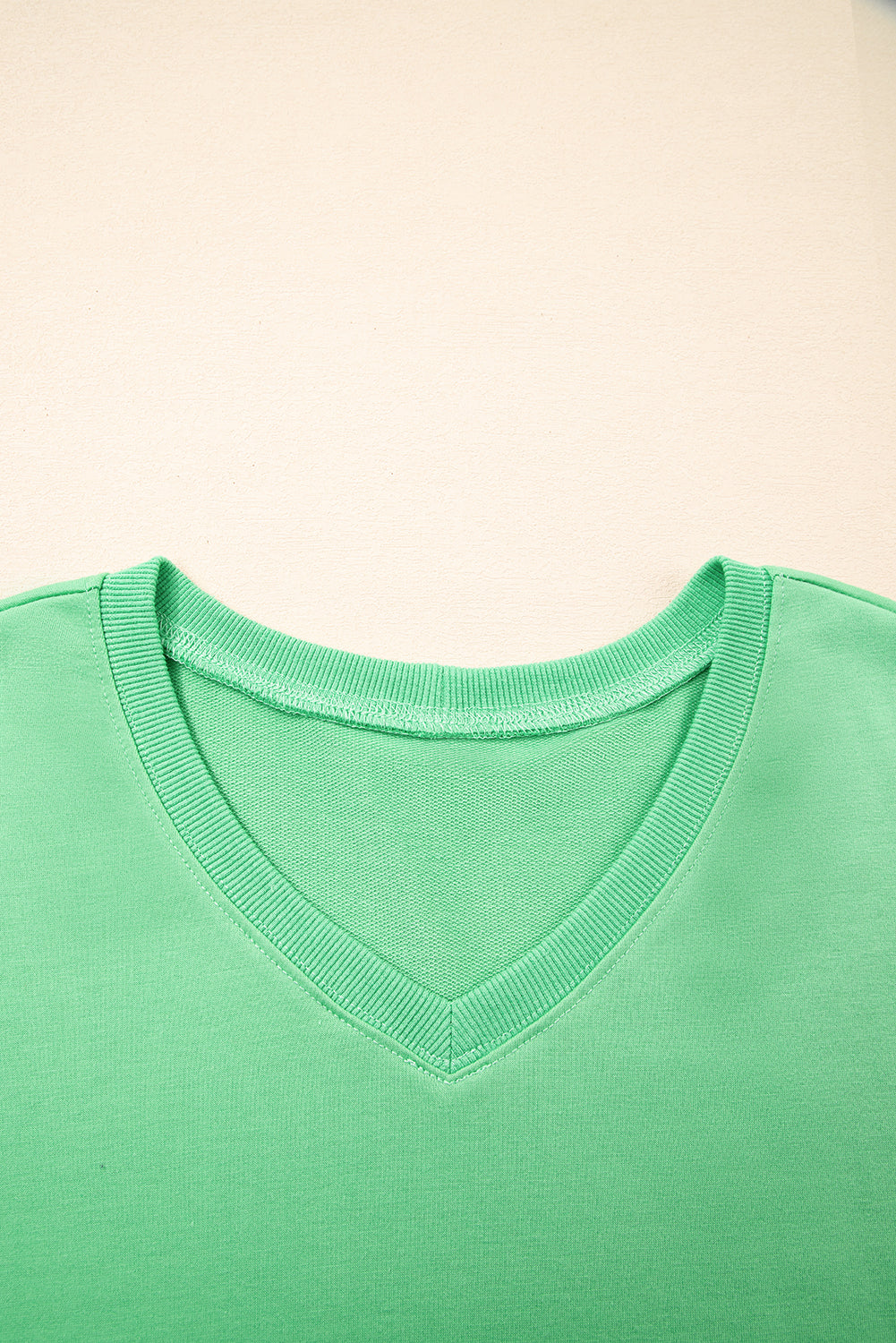 Mint Green V Neck Drop Shoulder Tee & Patchwork Shorts Set