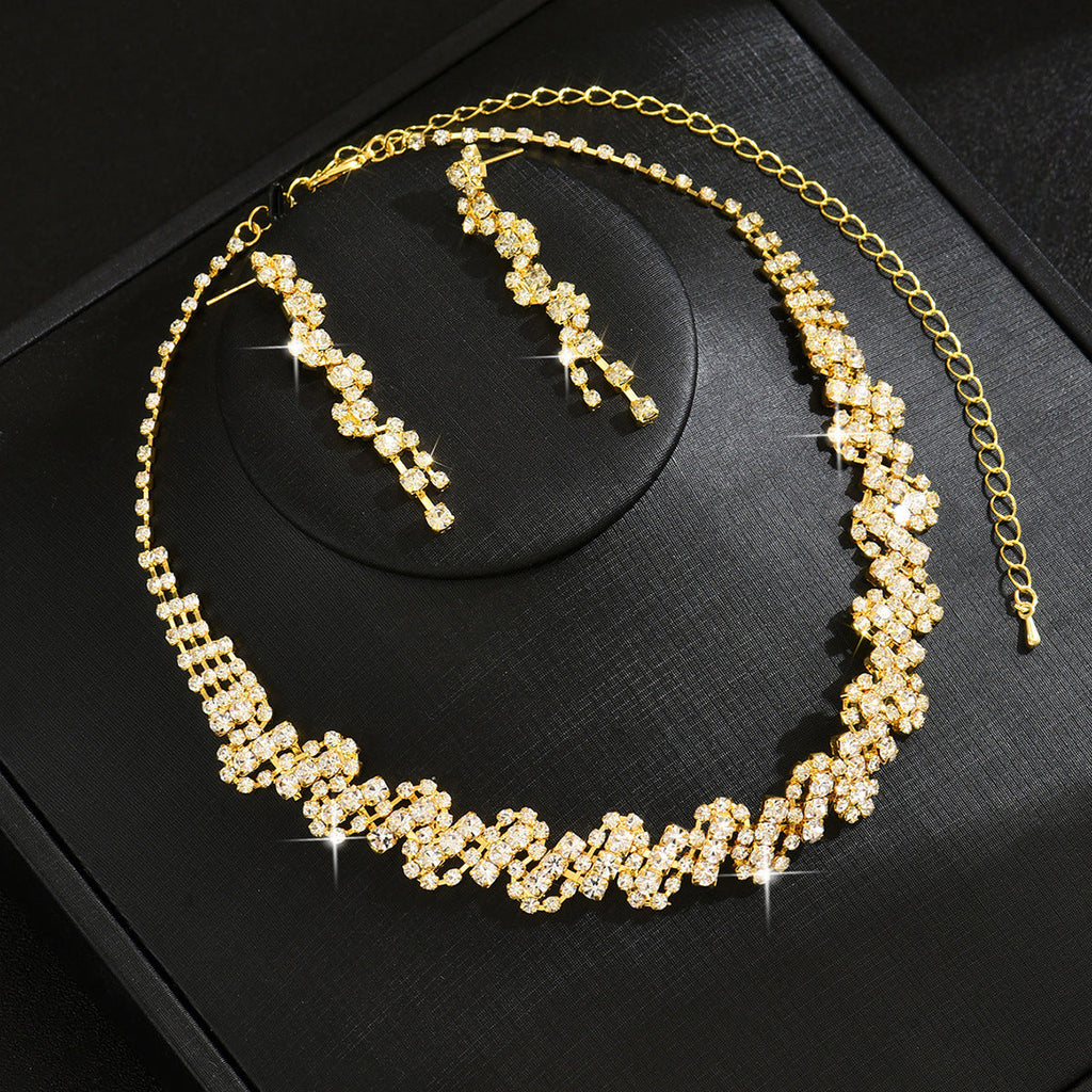 Full Diamond Jewelry Multi-Color Cross-Border European And American Necklace Earrings Set Bridal Ring New Two-Piece Set Fashionable Winter Accessories