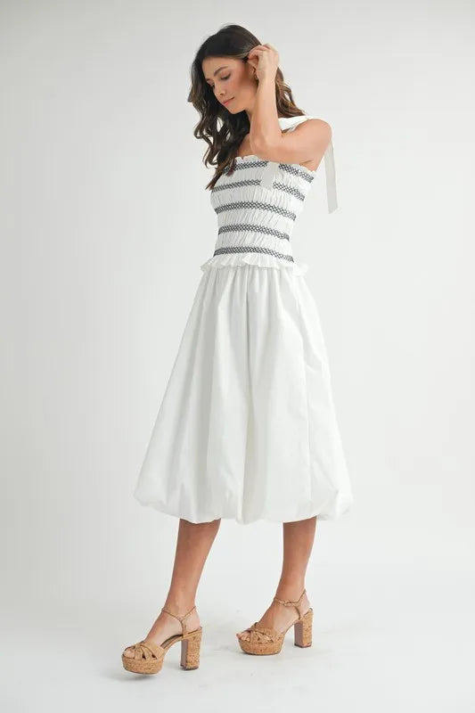 Smocked Bodice Bubble Midi Dress For Women – Stylish Smocked Bodice, Playful Bubble Skirt, Trendy Midi Dress, Chic Casual Look for Summer Outings