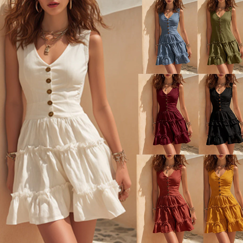 Women's Sleeveless Linen-Blend Ruffled Tiered Button-Up Mini Dress
