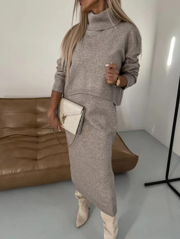 Two-Piece Knit Sweater Dress Set with Turtleneck and Sleeveless Dress