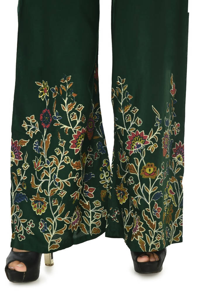 Bottle Green Floral Palazzo Pants in Soft Rayon Cotton Blend