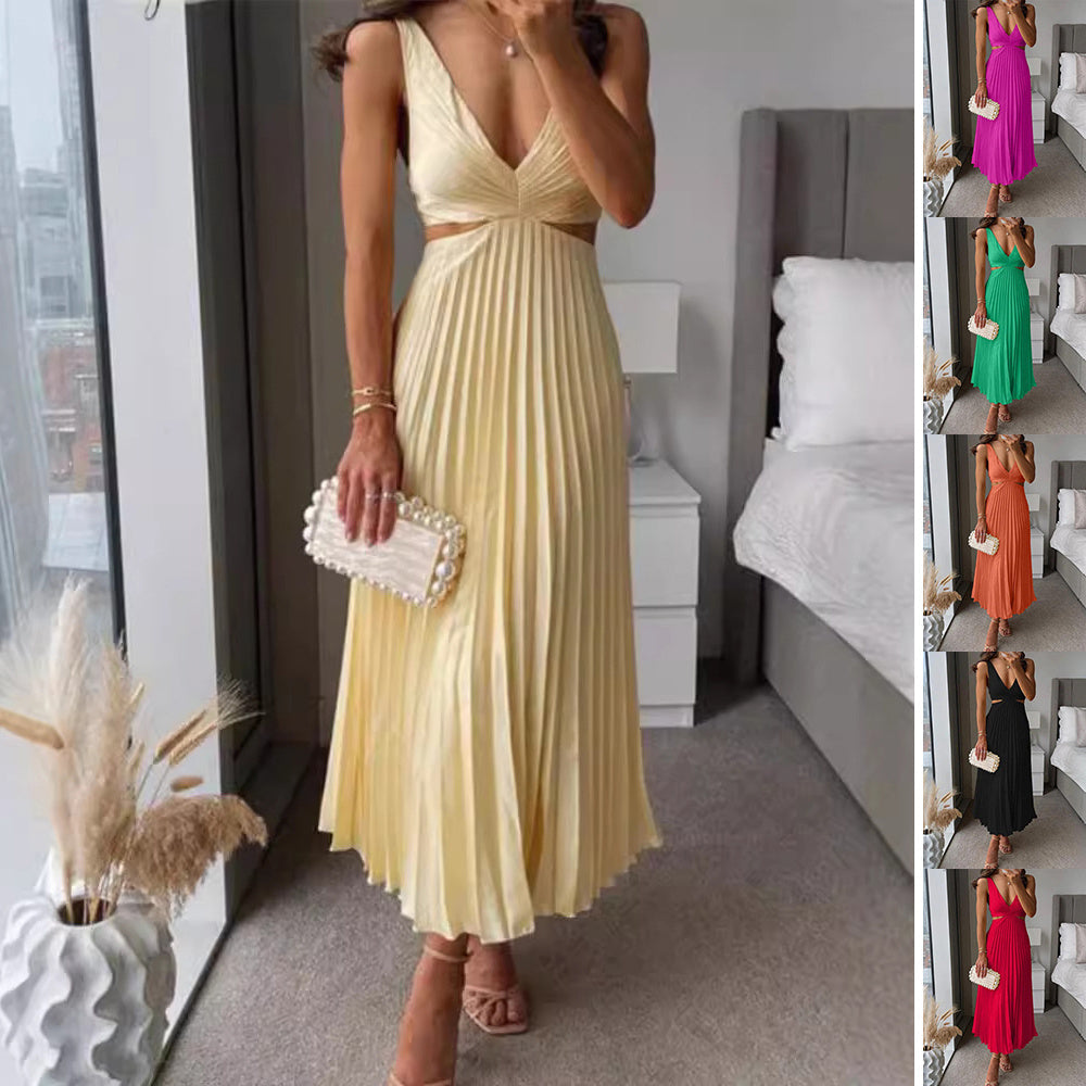 Women's V-Neck Backless Pleated Suspender Dress - Hollow Waist